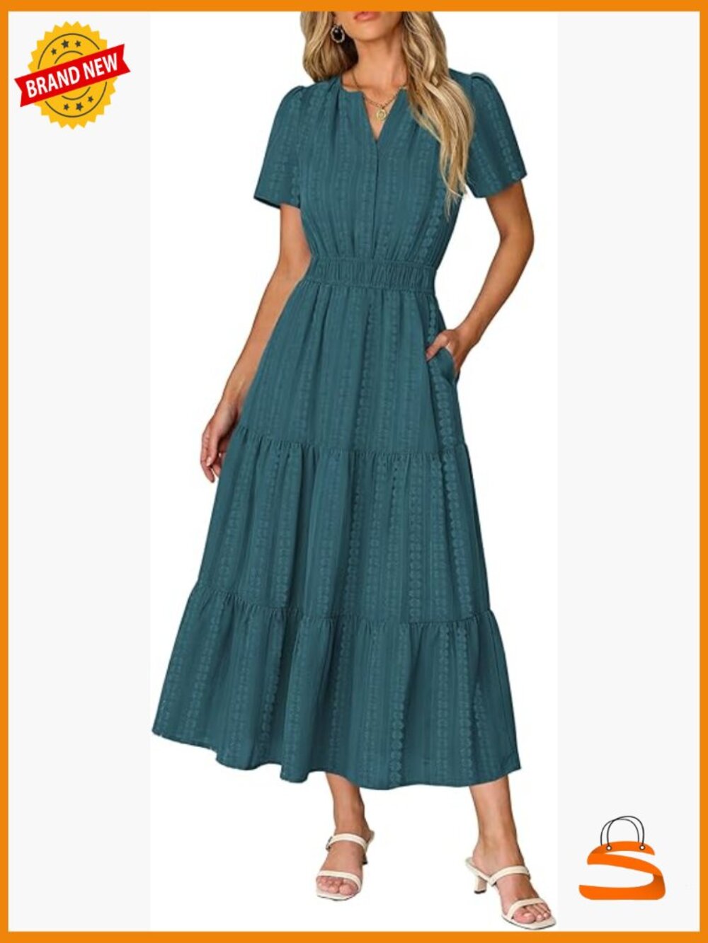 Casual Midi Maxi Dress Short Sleeve V-Neck Elastic Waist with Pockets S-2XL